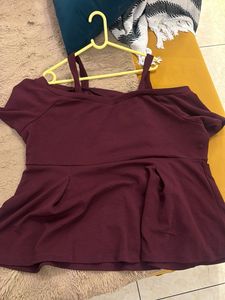 Burgundy Cold Shoulder Peplum Top