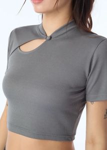 Grey Ribbed Cut-Out Crop Top
