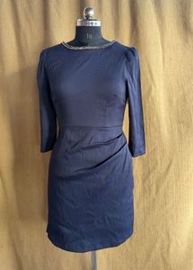 Elegant Navy Blue Embellished Neck Dress