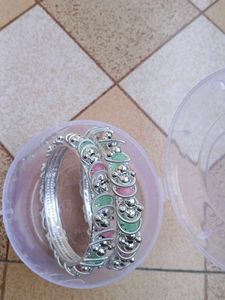 Silver Bangles with Pink & Green Accents new bangl