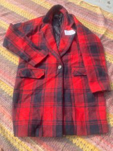 Red Plaid Wool Blend Coat