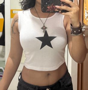 Y2k Grunge White Ribbed Star Crop Top