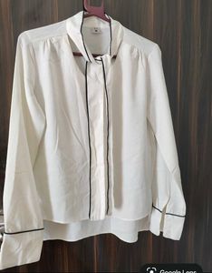 Chic White Pussybow Blouse with Black Trim