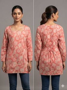 Women's Coral Peach Floral Printed Cotton Kurti |