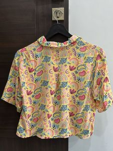 Yellow Abstract Print Cropped Shirt