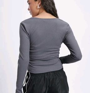 Chic Grey Square neck Long Sleeve Ruched Top