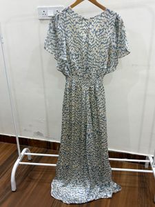Abstract Silver Print Flutter Sleeve Midi Dress
