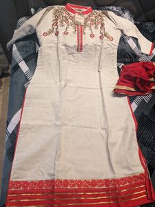 Khadi Cotton Heavy Embroidery Kurta With Dupatta
