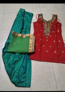 Embroidered Red Kurta with Green Salwar