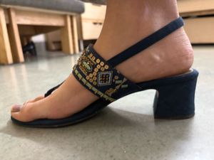 Embellished Navy Block Heel Sandals