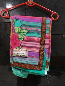 Vibrant Floral Striped Saree with Blouse