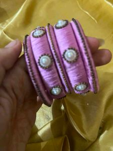 Pink Silk Thread Bangles with Pearls