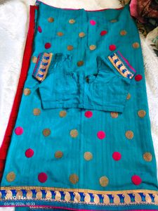 Teal Saree with Polka Dots &amp; Blouse