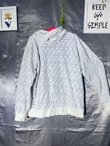 White Zip-Up Hoodie with Blue Pattern