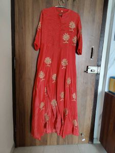 Coral Kurta with Gold Embroidery