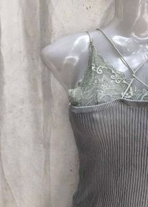Grey Ribbed Lace Trim Camisole Top