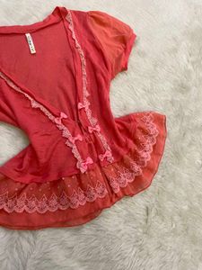 Sheer Ruffle &amp; Bow Top