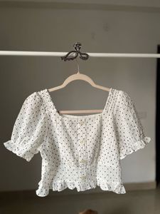 White Polka Dot Puff Sleeve Crop Top