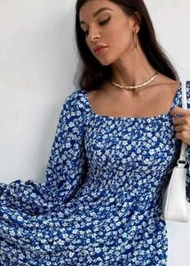 Blue Floral Smocked Square Neck 👗