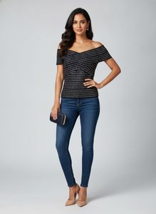 Stylish Navy & Gold Embellished Off Shoulder Top