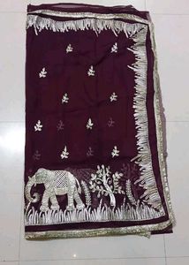 Embroidered Silk Saree with Elephant Motif