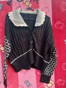 Unique Black Cardigan with Collar Detail