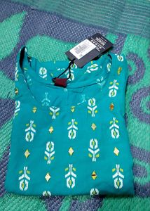 Teal Kurta with Print &amp; Mirror Work