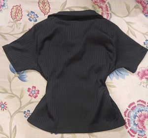 Black Ribbed Polo Top
