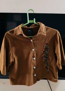 Brown Embroidered Cropped Shirt