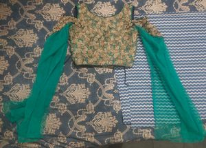 Embroidered  Green & Gold Lehenga with Sleeves