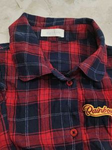 Red Plaid Button-Up Shirt with "Rainbow" Detail