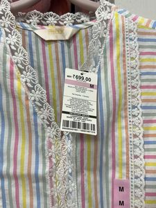 With Tag Striped Lace Trim Cotton Kurta