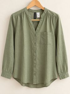 Green V-Neck Button-Up Shirt