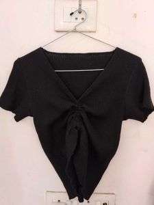 Black Ribbed Ruched V-Neck Top