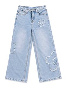 Light Wash Wide Leg Jeans with Flower Appliques