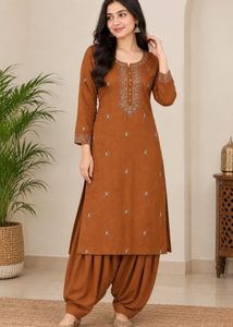 Elegant Brown Embroidered Kurta with Patiala Pants