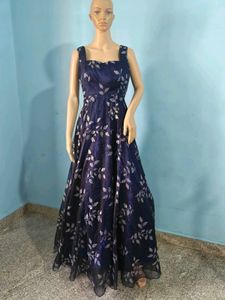 Elegant Navy Blue Leaf Print Gown