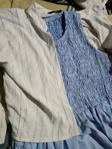 Light Blue Smocked Dress with Striped Overlay