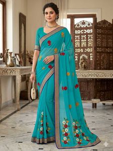 Stunning Teal Embroidered Chiffon Saree