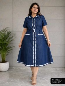 Chic Blue Denim Dress with White Trim
