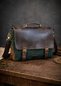 Vintage Leather &amp; Canvas Messenger Bag
