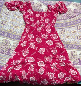 Boho Floral Print Puff Sleeve Midi Dress