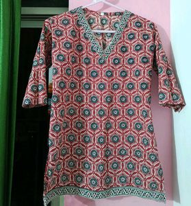 Red & Blue Block Print short kurti