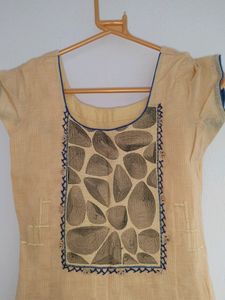 Straight Kurta With Dupatta, XS, Cream, Navy Blue