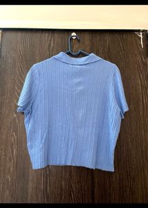 H&amp;M Light Blue Ribbed Collared Top