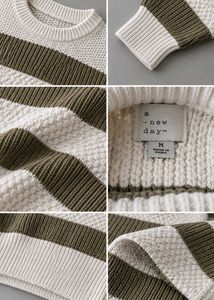 OLIVE GREEN &amp; CREAM TEXTURED STRIPED SWEATER