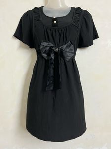 korean Black Short Sleeve Dress with Bow
