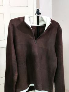 💥BUY1GET1💥 imported brown quarter-zip hoodie with white trim.