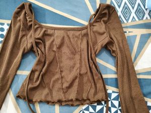 Brown Ribbed Long Sleeve Crop Top