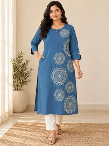 Dusty Blue Mandala Print Kurta with Pocket